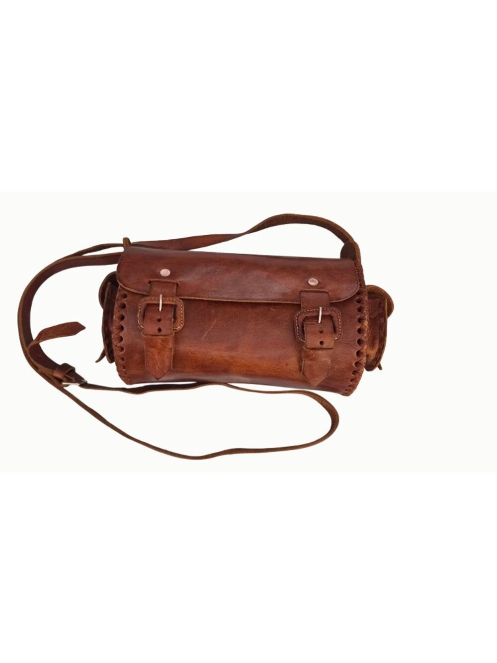 Handmade Leather Barrel Crossbody Bag Boho Western Vintage Cognac Hand Laced